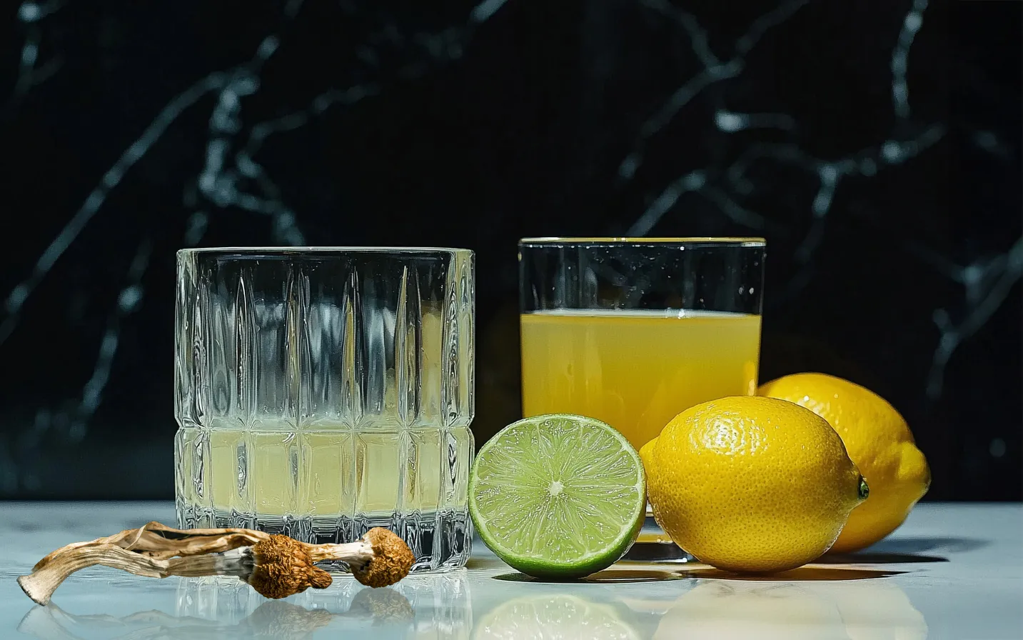 Dried magic mushrooms next to sliced lemon, lime, and glasses of citrus juice on marble surface, illustrating Lemon Tek method for psilocybin to psilocin conversion
